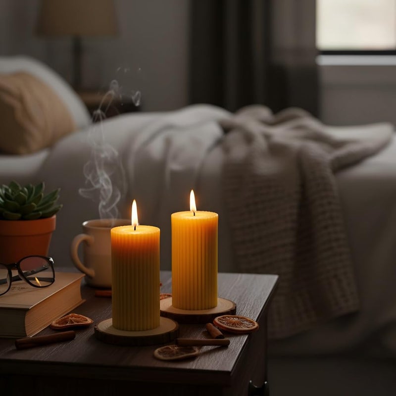 Devi 3 Pack Pure Beeswax Pillar Candles Bulk, Organic Ribbed Bees Wax Decorative Candles for Home Decor-1.96x3.85 Inch, Unscented Long Burning Natural Bees Wax Pillar Bulk Aesthetic Candles-105 Hours - Image 5