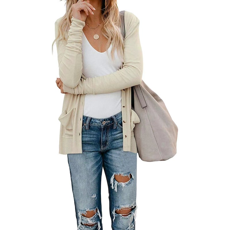 2024 Fall Winter Ribbed Knit Cardigan Women Apricot  - Image 1