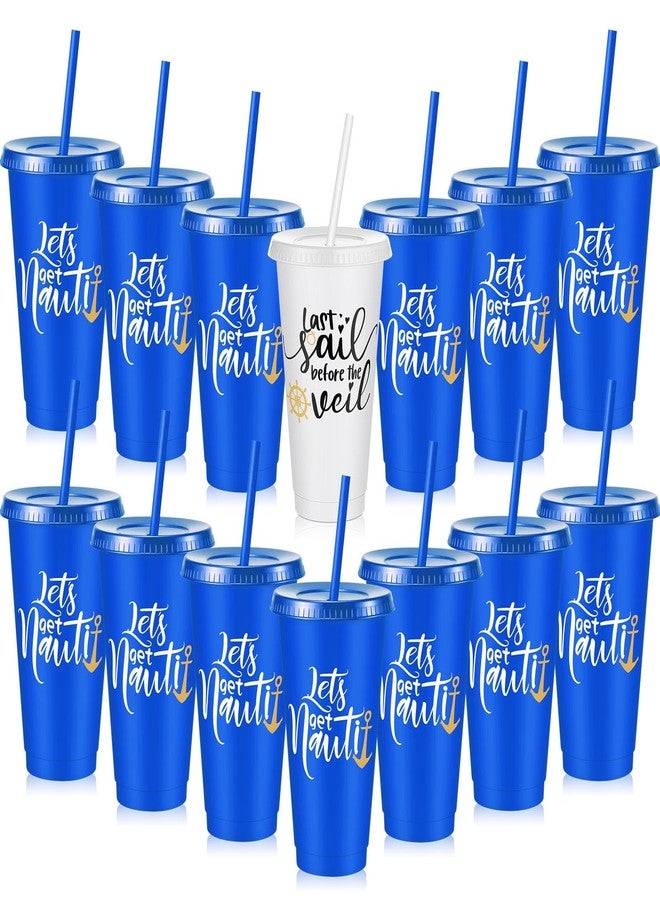 Skyley 16 Pcs Bridesmaid Cups with Lids and Straws 24 oz Bridesmaid Tumblers Plastic Bridal Cups Party Supplies for Wedding Gifts Decorations(Nautical) - Image 1