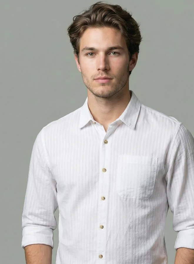Take Two Men White Striped Spread Collar Shirt By SNX