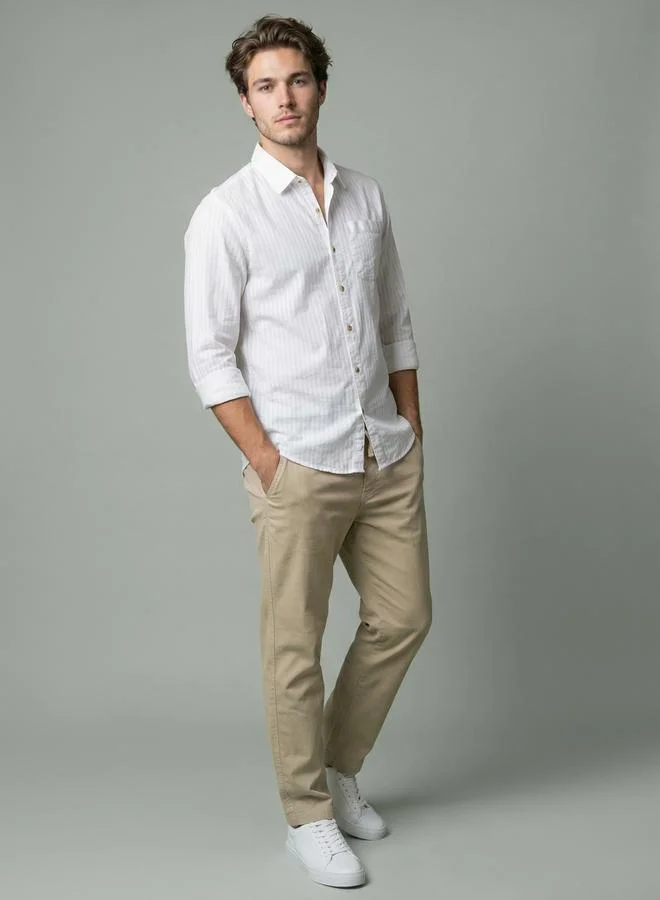Take Two Men White Striped Spread Collar Shirt By SNX