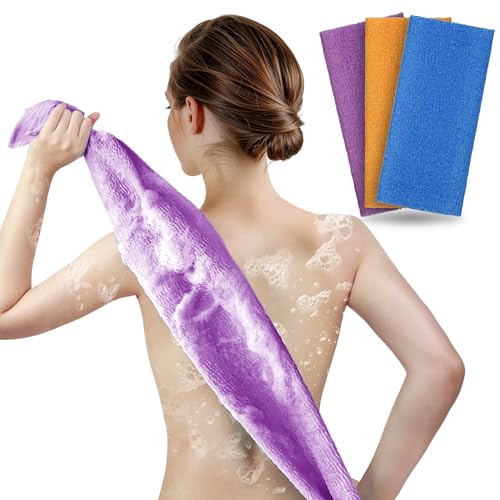 ARCH&M 3 Pack Exfoliating Towel for Body, 35-Inch Korean & Japanese Style Washcloth for Shower, Deep Clean & Smooth Skin, Nylon Back Scrubber, More Hygienic Than Loofah (Orange Purple Navy-Blue) - Image 1