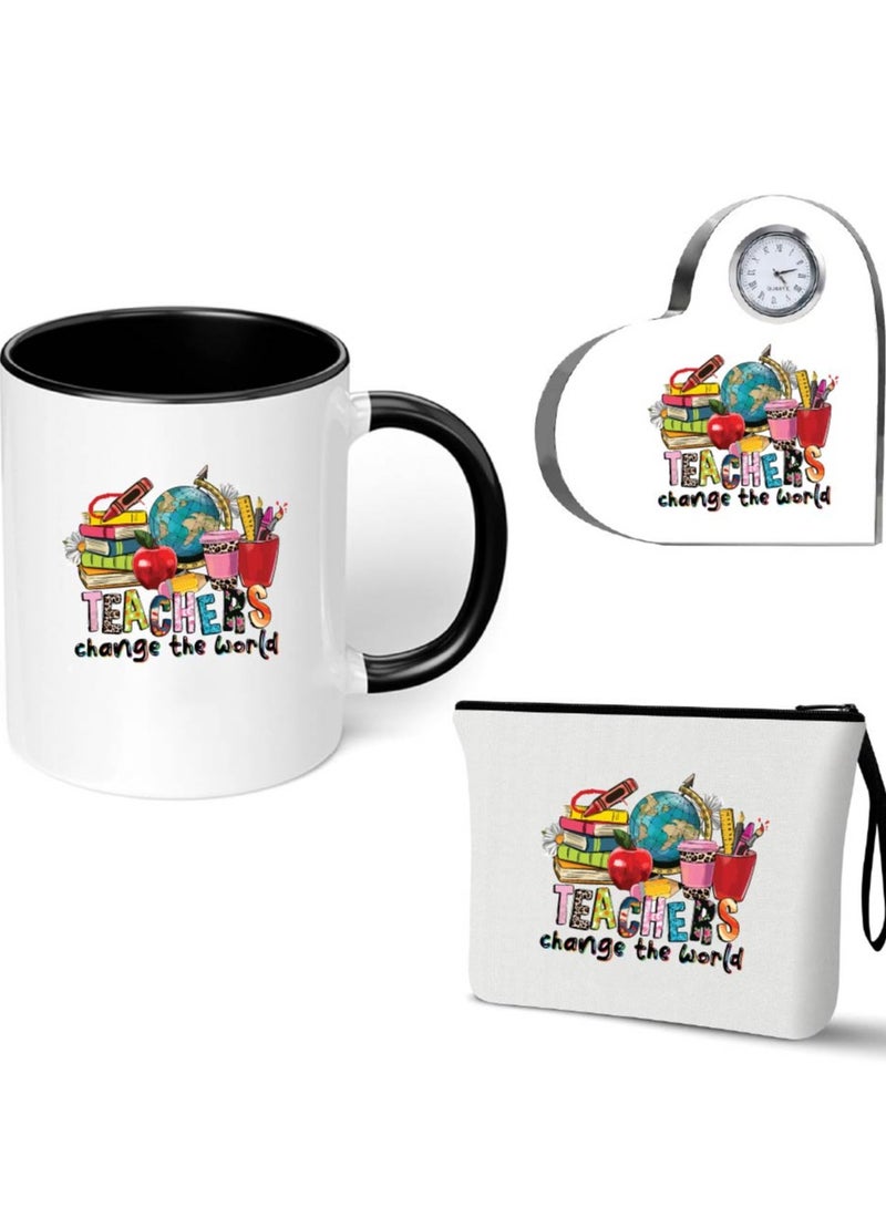 PRINTSHOP4ME Teacher's Day Pack of 3 Combo Pack - Heart Shape Crystal Clock, Black Ceramic Coffee Mug and Cosmetic Bag - Teacher's Day Gift Set - Gift for World Teachers Day - Image 1