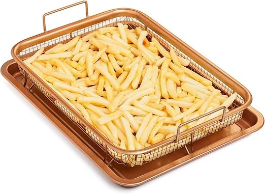 HOMETIC HOMETIC Copper Crisper Basket Set with Nonstick Coating Mesh Basket for Even Cooking Includes Baking Pan for Easy Cleanup  - Image 1