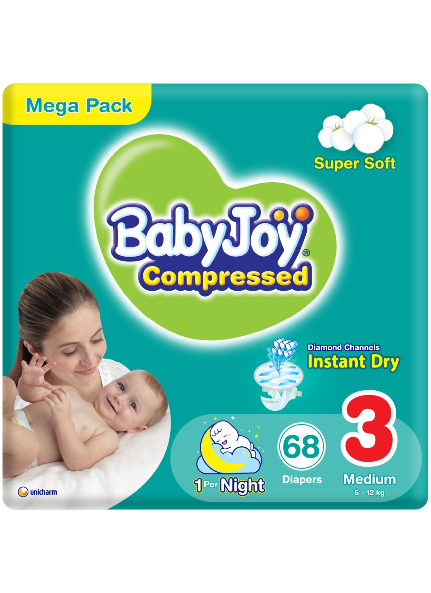 BabyJoy Compressed Diamond Pad Diaper, Size 3, Medium, 6-12 Kg, Mega Pack, 68 Diapers