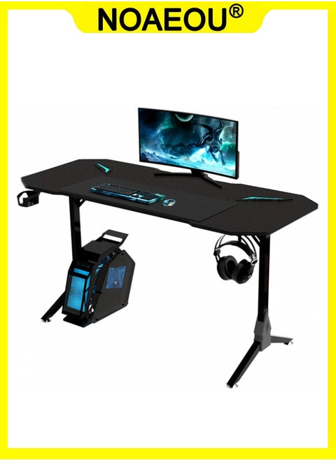 140 x 60 x 75 CM Gaming Desk, Computer Desk, Home Office Computer Desk with LED RGB Lights, Y Shaped Gaming Table with Cup Holder and Headphone Hook