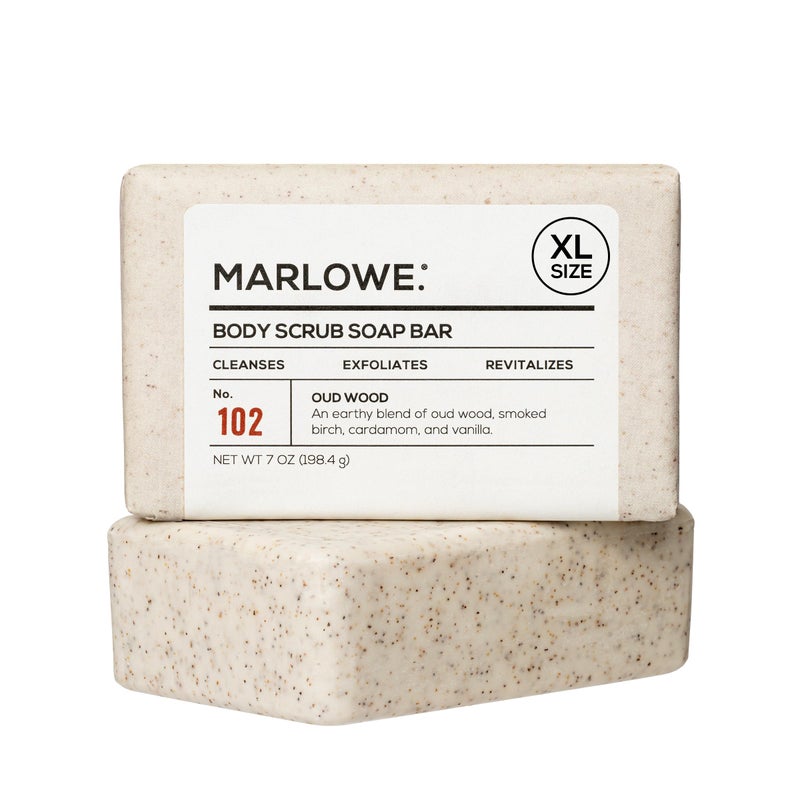 MARLOWE. No. 102 Body Scrub Soap 7 oz, Oud Wood, Exfoliating Soap Bar with Shea Butter, Olive Oil & Green Tea Extracts, Cleanses, Smooths & Revitalizes Skin, Earthy & Smoky Scent - Image 1