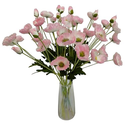 ATFL Pink Poppy Flowers Artificial for Wedding Decorations12 Pcs Fake Faux Silk Poppies Bulk for Home Decor Table Centerpieces Floral Arrangement235 Pink - Image 1