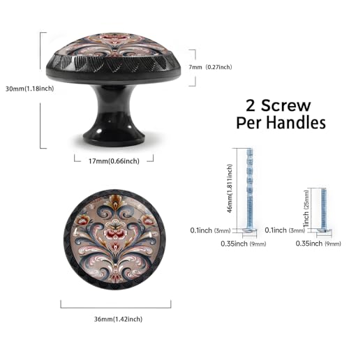 Artinhand 4 Pack Norwegian Rosemaling Folk Style Floral Cabinet Knobs Round Drawer Pulls Black Dresser Knob Cupboard Door Handles Hardware for Kitchen Bathroom Cabinets - Image 3