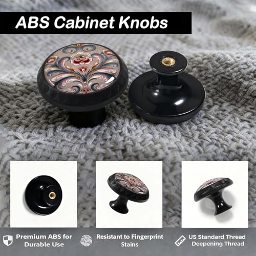 Artinhand 4 Pack Norwegian Rosemaling Folk Style Floral Cabinet Knobs Round Drawer Pulls Black Dresser Knob Cupboard Door Handles Hardware for Kitchen Bathroom Cabinets - Image 4