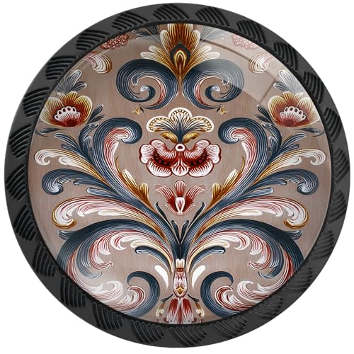 Artinhand 4 Pack Norwegian Rosemaling Folk Style Floral Cabinet Knobs Round Drawer Pulls Black Dresser Knob Cupboard Door Handles Hardware for Kitchen Bathroom Cabinets - Image 1