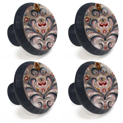 Artinhand 4 Pack Norwegian Rosemaling Folk Style Floral Cabinet Knobs Round Drawer Pulls Black Dresser Knob Cupboard Door Handles Hardware for Kitchen Bathroom Cabinets - Image 2