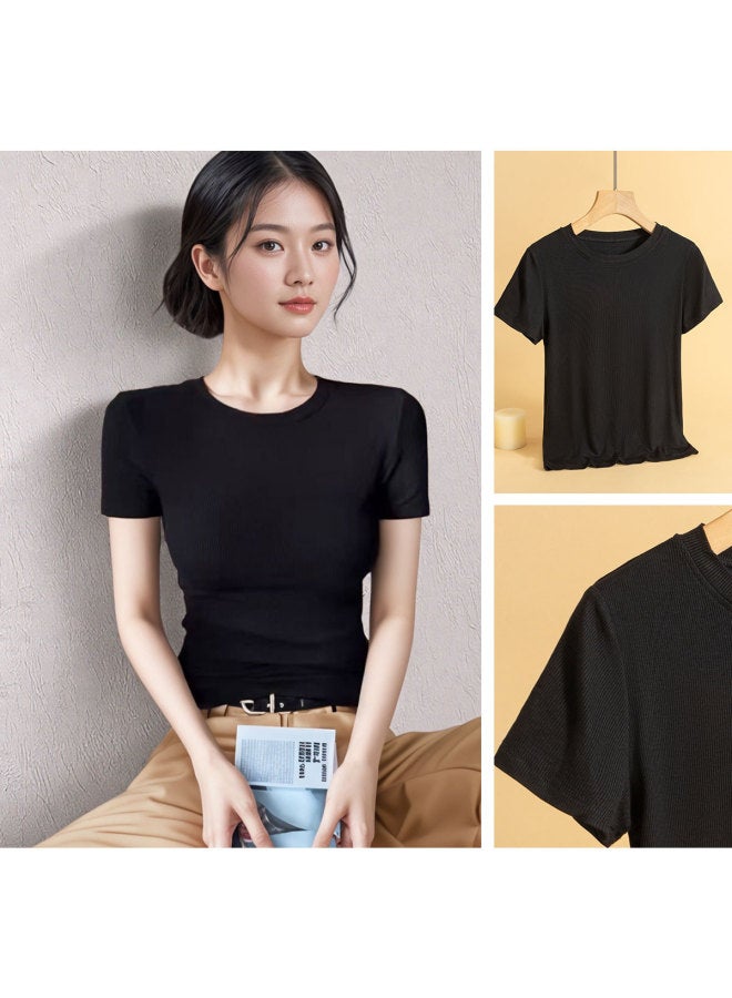 Your Sun Women'S Regular-Fit T-Shirt Short Sleeve Slimming Concealing Belly Solid Color Versatile Round Neck Tee Casual Comfortable Top - Image 2