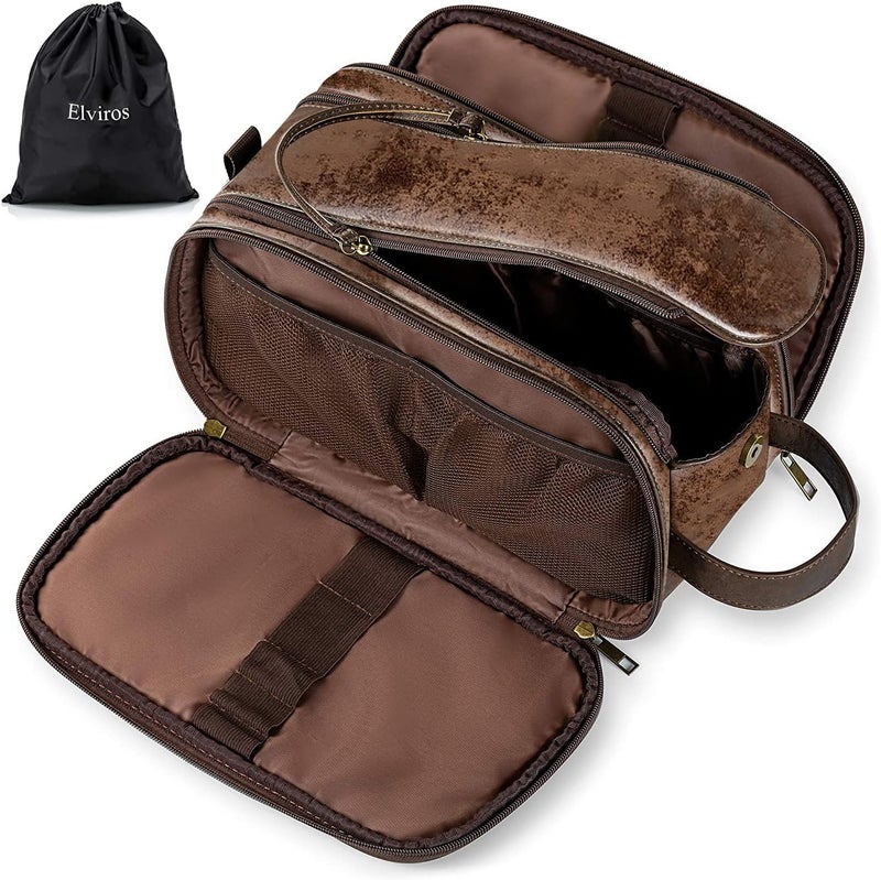 Elviros Travel Toiletry Bag for Men, Shaving Dopp Kit Water-resistant Bathroom Small Toiletries Organizer PU Leather Cosmetic Bags
