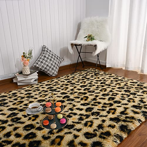 Amearea Fluffy Leopard Rug, Premium Cheetah Print Rugs, Soft Comfy Faux Fur Animal Carpet for Kids Room Bedroom, Living, Shaggy Teen Room Home Decor, Khaki 4x6 Feet - Image 1