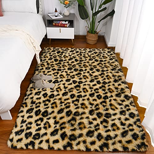 Amearea Fluffy Leopard Rug, Premium Cheetah Print Rugs, Soft Comfy Faux Fur Animal Carpet for Kids Room Bedroom, Living, Shaggy Teen Room Home Decor, Khaki 4x6 Feet - Image 2