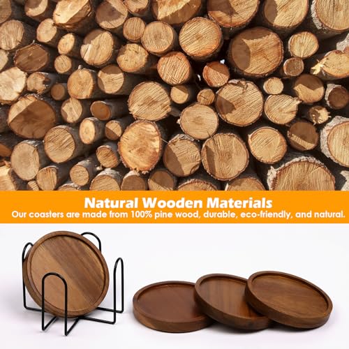 Mckanti 4 Pcs Wood Coasters for Drinks Absorbent, Wooden Coasters with Holder, Drink Coasters for Coffee Table, Absorbent Coaster Set for Table Protection Drink Coasters for Farmhouse, Office, Bar - Image 2