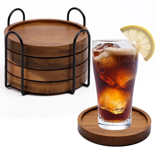 Mckanti 4 Pcs Wood Coasters for Drinks Absorbent, Wooden Coasters with Holder, Drink Coasters for Coffee Table, Absorbent Coaster Set for Table Protection Drink Coasters for Farmhouse, Office, Bar - Image 1