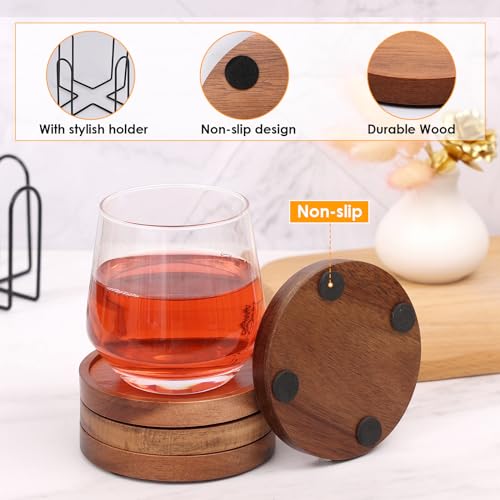 Mckanti 4 Pcs Wood Coasters for Drinks Absorbent, Wooden Coasters with Holder, Drink Coasters for Coffee Table, Absorbent Coaster Set for Table Protection Drink Coasters for Farmhouse, Office, Bar - Image 3