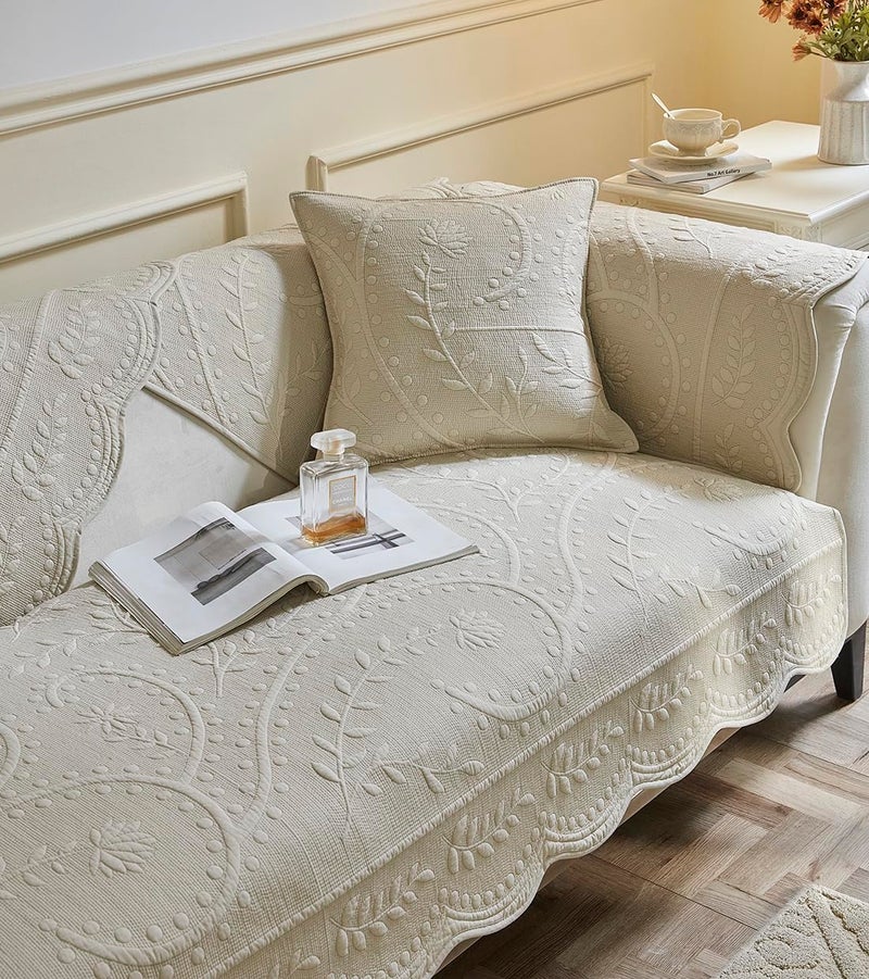 vctops Cotton Quilted Couch Cover Floral Leaves Embroidery Sofa Cover Non Slip Sofa Slipcover for Dogs Cats Kids Loveseat Recliner L Shaped Armrest Backrest Beige28x28