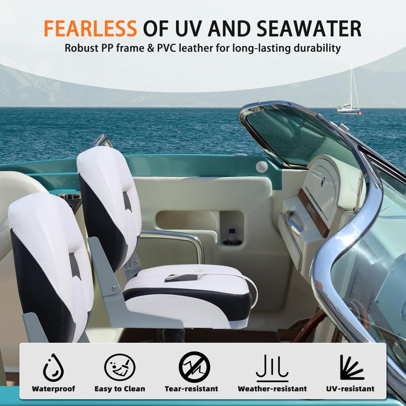 Vancus Folding Boat Seats 2 Pack Clearance - Premium Bass/Jon/Pontoon Boat Chairs, Fishing Swivel Boat Seat (White&Black) - Image 2