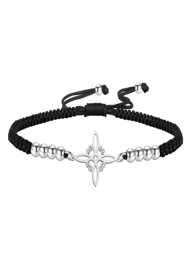 TEAMER Witches Knot Bracelet Stainless Steel Beads Charm Wax Rope Bracelet Celtic Knot Wiccan Symbol Adjustable Bracelet for Women (Witches Knot - S Black) - Image 1