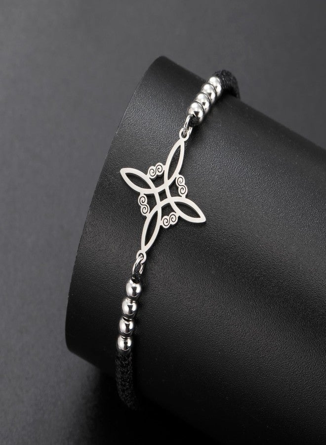 TEAMER Witches Knot Bracelet Stainless Steel Beads Charm Wax Rope Bracelet Celtic Knot Wiccan Symbol Adjustable Bracelet for Women (Witches Knot - S Black) - Image 5