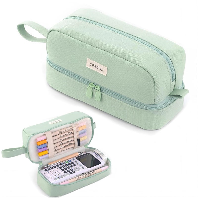 KASTWAVE Large Pencil Case, Big Capacity Large Pencil Cas,e Canvas Pen Pouch Bag with 2 Compartments for Girls Boys Teen School Students Adults, Stationery Pouch Pen Case for Office (Green) - Image 1