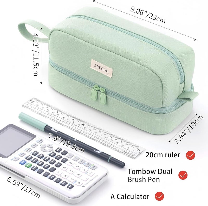 KASTWAVE Large Pencil Case, Big Capacity Large Pencil Cas,e Canvas Pen Pouch Bag with 2 Compartments for Girls Boys Teen School Students Adults, Stationery Pouch Pen Case for Office (Green) - Image 3