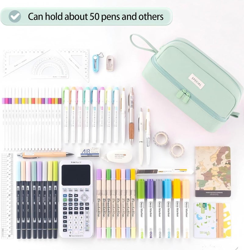 KASTWAVE Large Pencil Case, Big Capacity Large Pencil Cas,e Canvas Pen Pouch Bag with 2 Compartments for Girls Boys Teen School Students Adults, Stationery Pouch Pen Case for Office (Green) - Image 4
