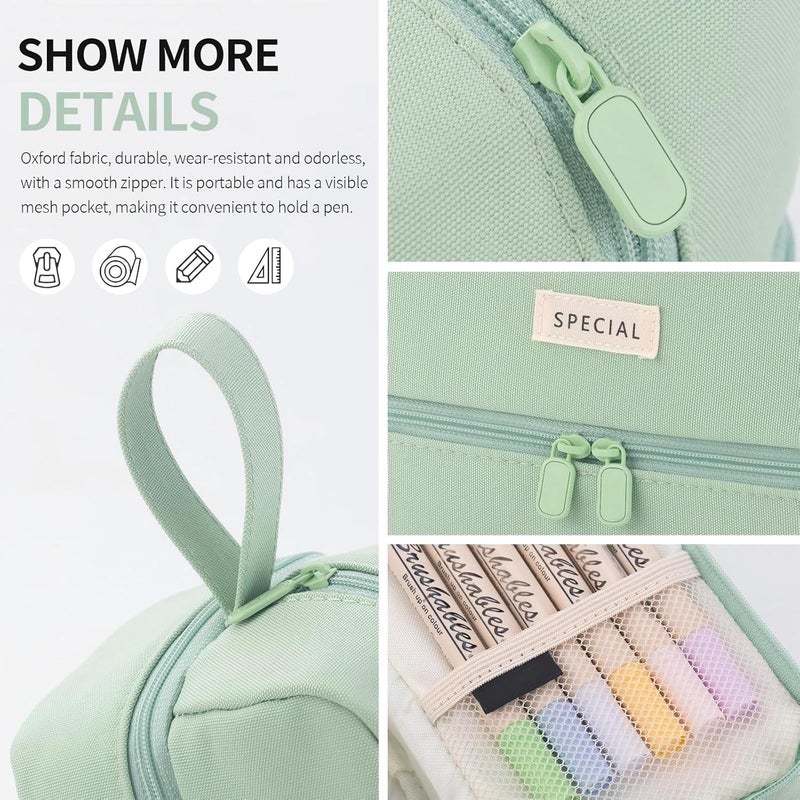 KASTWAVE Large Pencil Case, Big Capacity Large Pencil Cas,e Canvas Pen Pouch Bag with 2 Compartments for Girls Boys Teen School Students Adults, Stationery Pouch Pen Case for Office (Green) - Image 2
