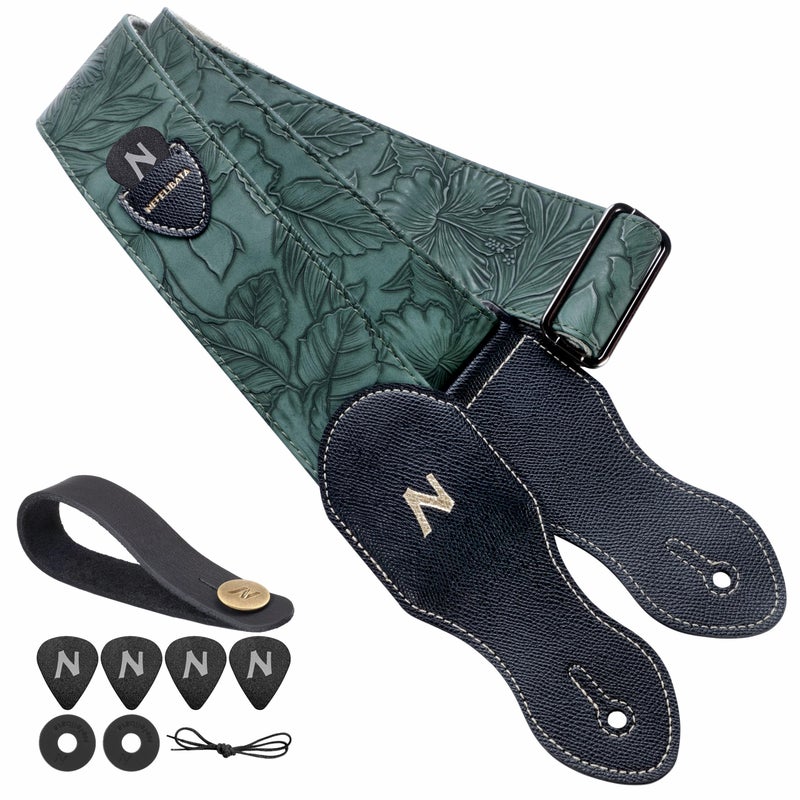 Nefelibata Guitar Strap with Pick Pocket,2.3 inch Porter Style Vegan Leather Carving Guitar Straps,60s Vintage Style Include Guitar Pick,Strap Button and Strap Lock (Green) - Image 1