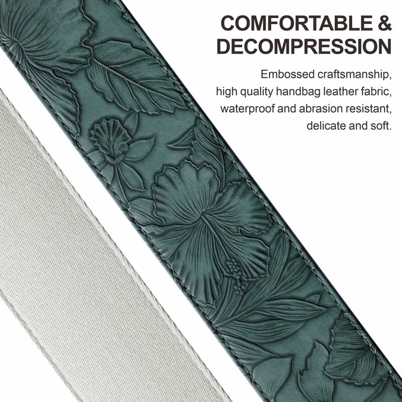 Nefelibata Guitar Strap with Pick Pocket,2.3 inch Porter Style Vegan Leather Carving Guitar Straps,60s Vintage Style Include Guitar Pick,Strap Button and Strap Lock (Green) - Image 3