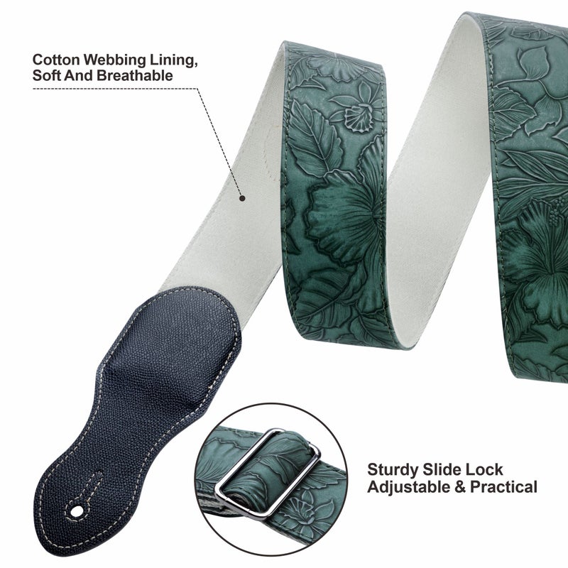 Nefelibata Guitar Strap with Pick Pocket,2.3 inch Porter Style Vegan Leather Carving Guitar Straps,60s Vintage Style Include Guitar Pick,Strap Button and Strap Lock (Green) - Image 5