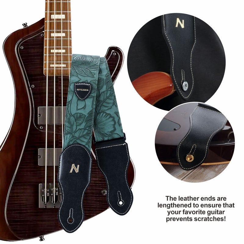 Nefelibata Guitar Strap with Pick Pocket,2.3 inch Porter Style Vegan Leather Carving Guitar Straps,60s Vintage Style Include Guitar Pick,Strap Button and Strap Lock (Green) - Image 4