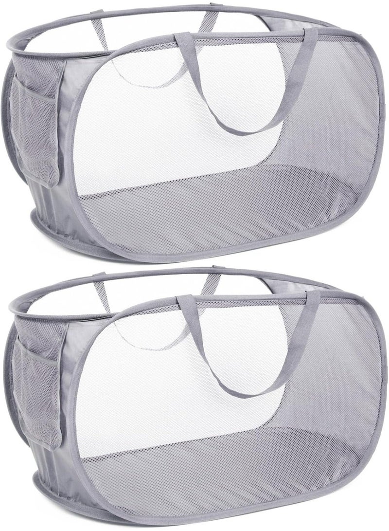 Ayshal 2 Pack Durable Collapsible Laundry Baskets, Mesh Pop Up Laundry Hamper with Side Pocket, Foldable Clothes Hamper with Reinforced Carry Handles for Laundry, Bathroom, Kids Room, Dorm or Travel Grey - Image 1