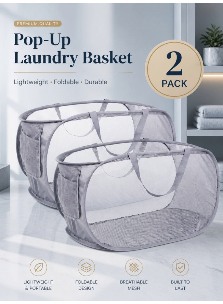 Ayshal 2 Pack Durable Collapsible Laundry Baskets, Mesh Pop Up Laundry Hamper with Side Pocket, Foldable Clothes Hamper with Reinforced Carry Handles for Laundry, Bathroom, Kids Room, Dorm or Travel Grey - Image 1