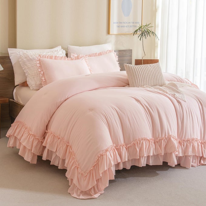 BLUSH PINK COMFORTER SET QUEENFARMHOUSE SHABBY BOHO CHIC COMFORTERVINTAGE RUSTIC SOFT MICROFIBER DOWN ALTERNATIVE BEDDING COMFORTER SET 3PCS1 RUFFLED COMFORTER AND 2 PILLOWCASES
