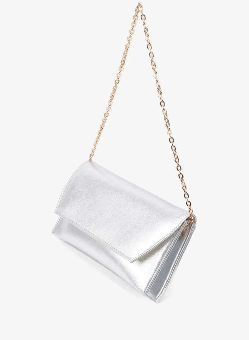 Women's Silver Satin Envelope Design 2-Compartment Mini Chain Strap Snap Closure Clutch and Handbag.