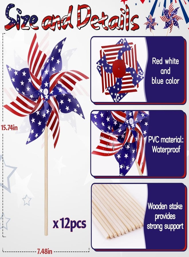 VEKDA 12 Pack 4th of July Decorations Outdoor Pinwheels, Patriotic Decor Red White and Blue Decorations Wind Spinner for Yard Garden,Independence Day, Memorial Day, Veteran's Day - Image 3