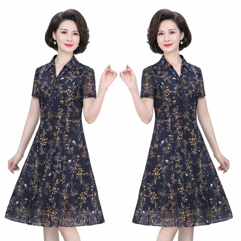 Mesh Print Short Sleeve Plus Size Midi Dress Casual Floral Tunic