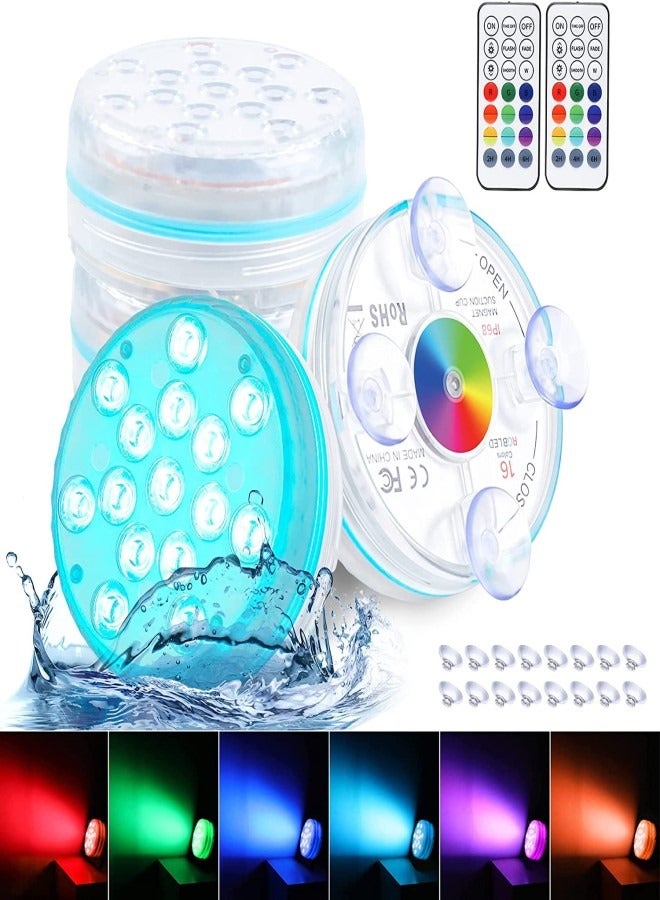 (4 Pack)Pool Lights Submersible LED Lights With Magnet And Suction Cups RF Remote Pool Lights IP68 Waterproof 15 LED Color Changing Battery LED Lights Underwater With Timing 3.35 Inch - Image 1