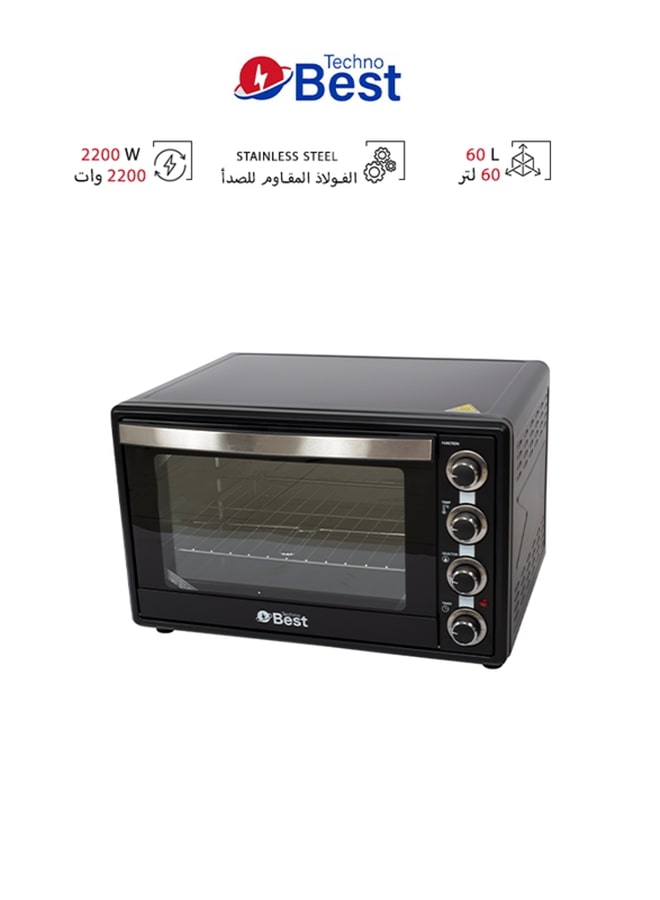 تكنو بيست فرن كهربائي باب زجاجي مزدوج مع مروحة 60 لتر 2200 وات BEO-060P أسود - Image 1