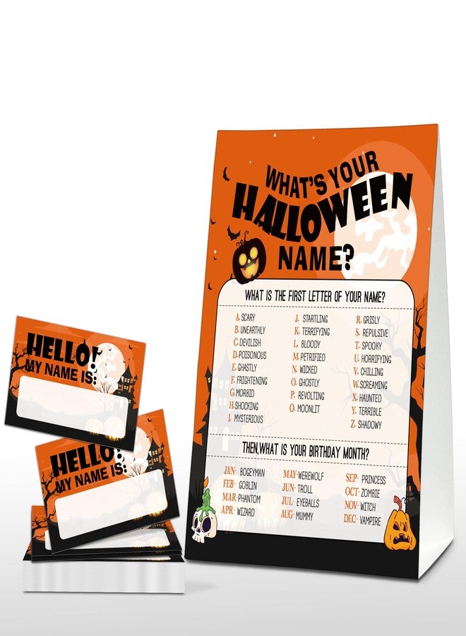 Foosproea What's Your Halloween Name Game - Halloween Party Game Sign for Boys Girls - Family School Classroom Activities - 1 Standing Sign and 30 Stickers - Kids Autumn Party Supplies Decorations(02) - Image 1