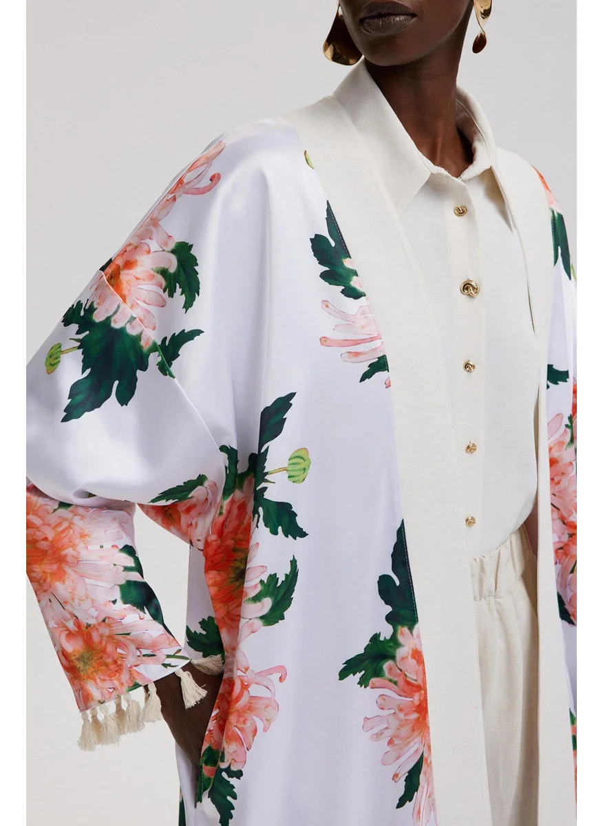 Touche Floral Patterned Tassel Detailed Kimono