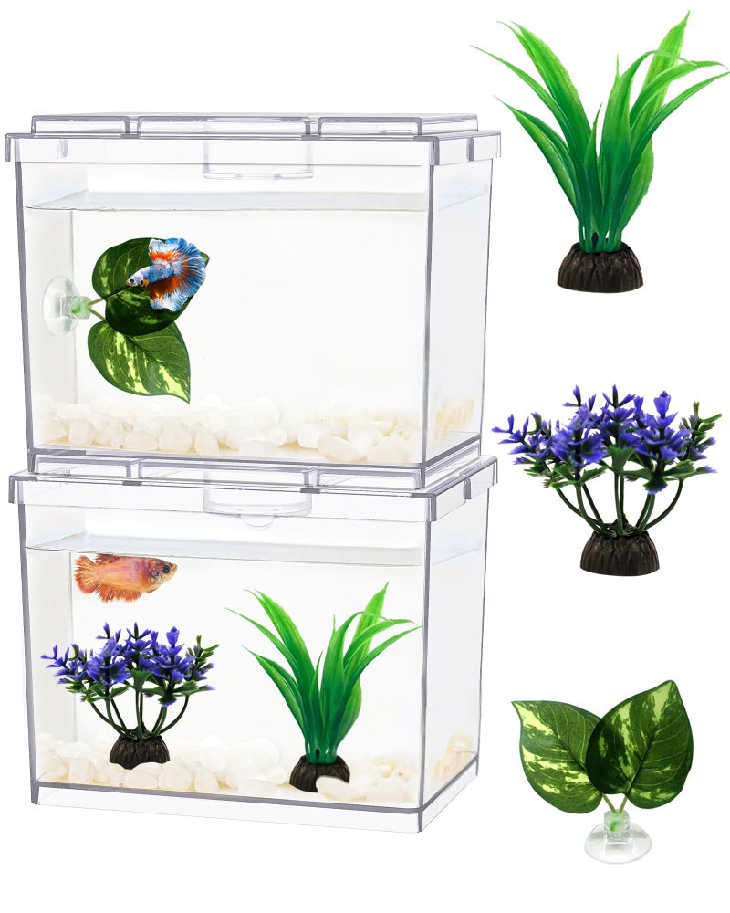 MoonOrange Mini Betta Fish Tank, Small Fish Bowl for Temporary Space, 0.2 Gallon Stackable Cube Tank with Artificial Plants and Gravels for Small Fish, Insect, Shrimp, Crab, Spider.(Pack-2) - Image 1