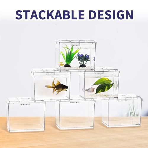 MoonOrange Mini Betta Fish Tank, Small Fish Bowl for Temporary Space, 0.2 Gallon Stackable Cube Tank with Artificial Plants and Gravels for Small Fish, Insect, Shrimp, Crab, Spider.(Pack-2) - Image 5