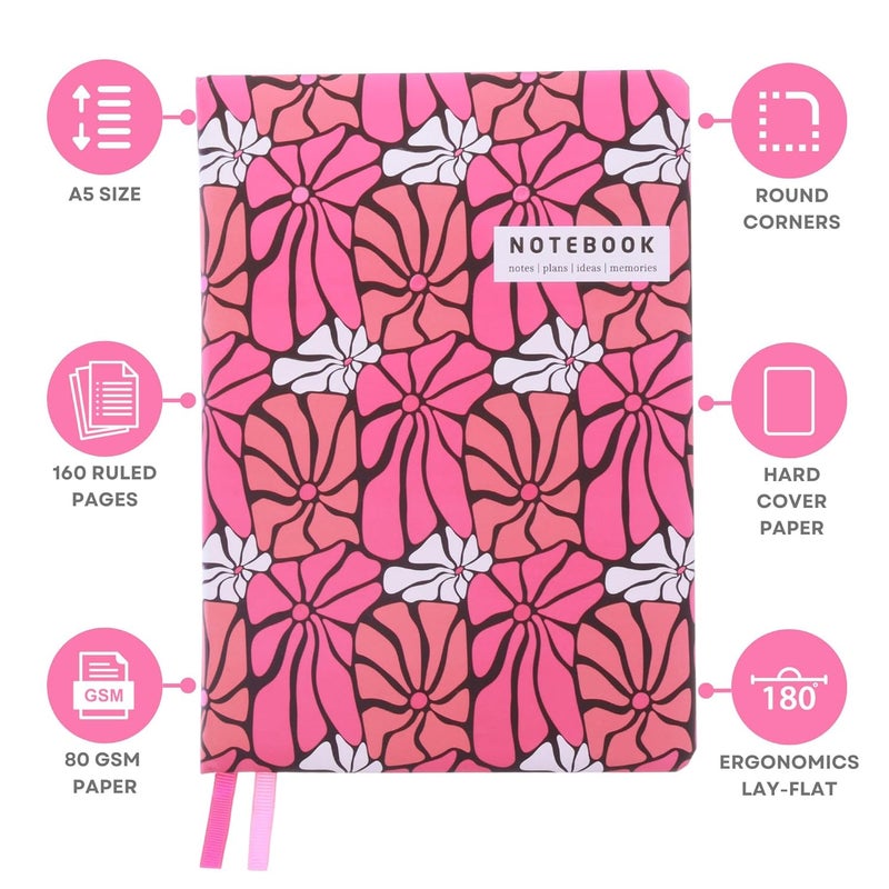Doodle Hard Bound Soft Foam Padded Hard Cover Paper Notebook | Compact A5 Size (8.25 x 5.7) | 160 Pages, 80 gsm | Flat Opening | Round Corners | Soft Foam Padding | 2 Bookmark Ribbons - Retro Bloom - Image 3