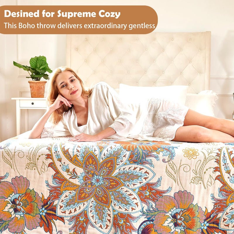VANJOROY Boho Throw Blanket, 100% Organic Cotton Breathable Skin-Friendly Ultra Soft Bed Quilt Throw - All Season Floral Bird Farmhouse DÃ©cor Luxury Blanket for Sofa Couch Chair and Gift. 50" x 60" - Image 5