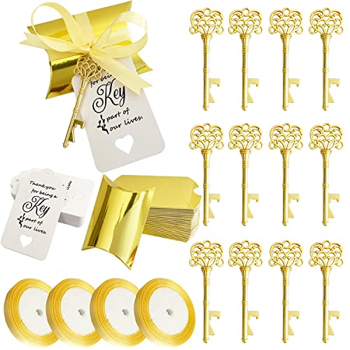 WODEGIFT 100 PCS Skeleton Key Bottle OpenerWedding Favors for GuestsWedding Gifts for Guests with Candy Box Thank You Card and Ribbon Gold - Image 1